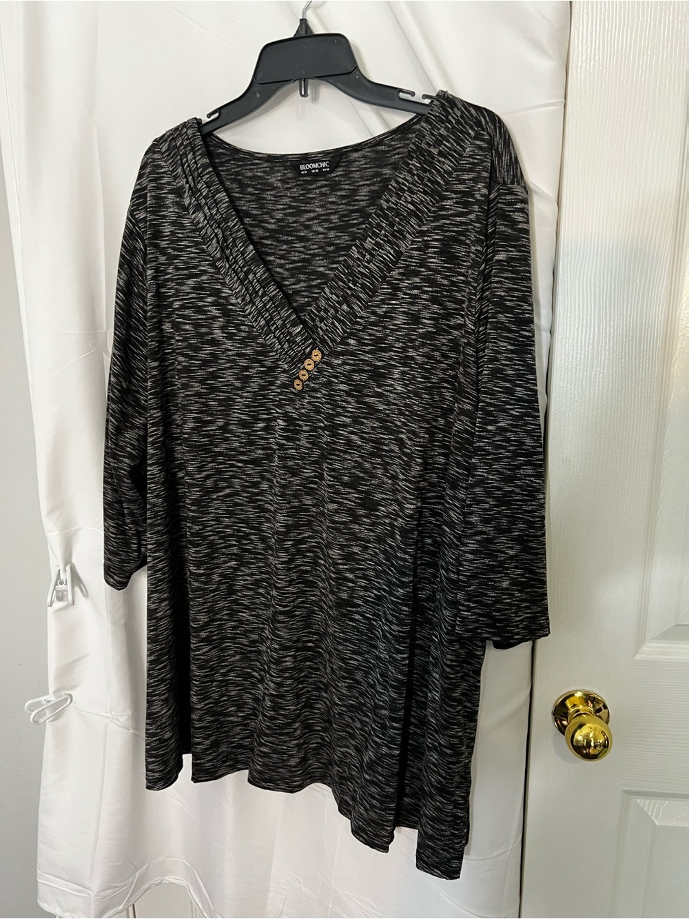 BloomChic Black Space-Dye V-Neck Tunic with Button Accent
